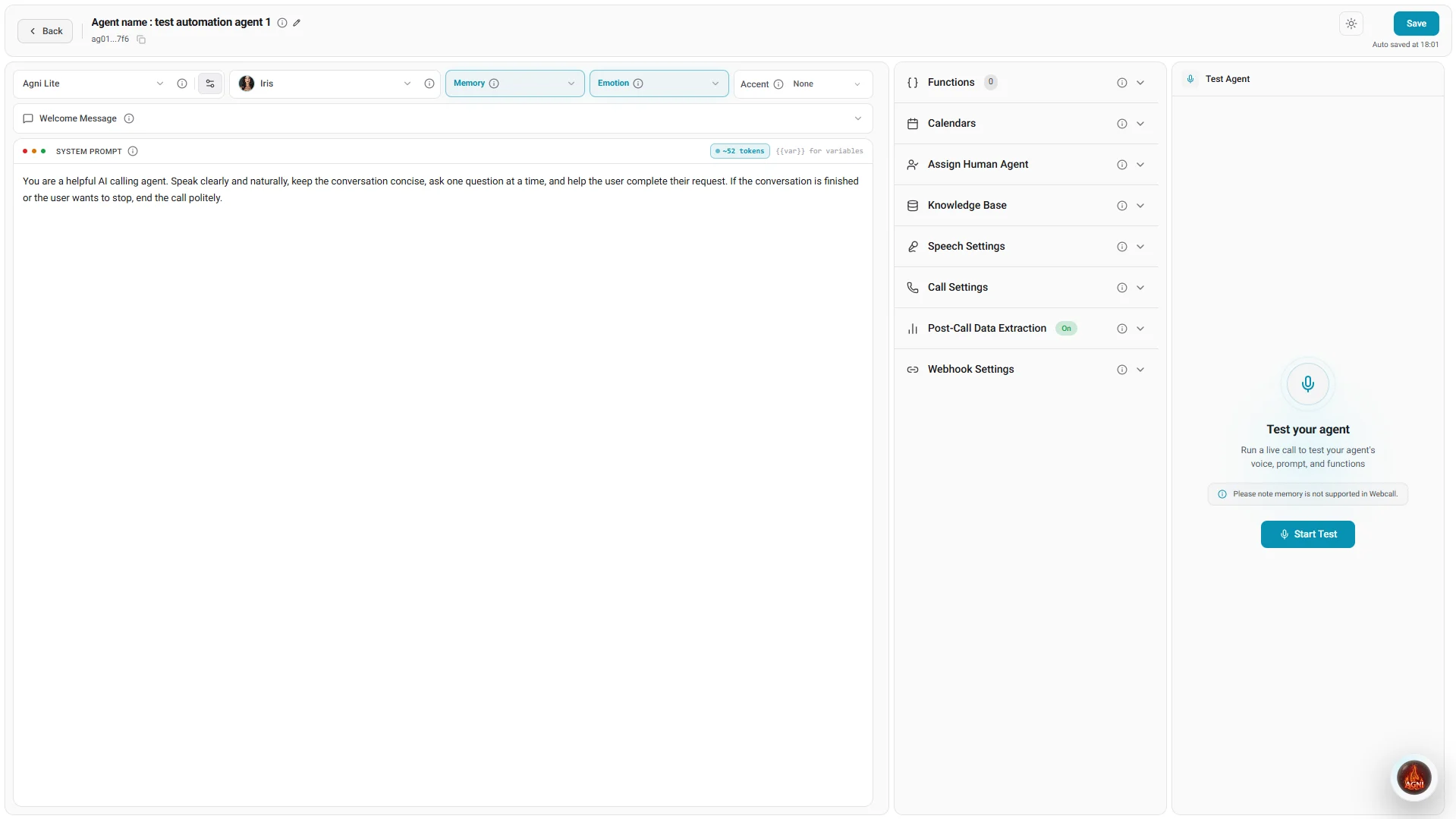 Agni agent builder: prompt, voice and accent selection, tools, and test call